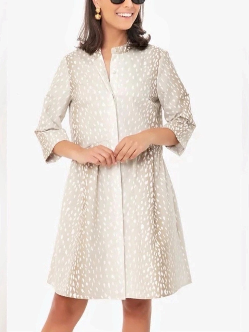 Tuckernuck Antelope Royal Shirt Dress Tan White Fawn Print Size S